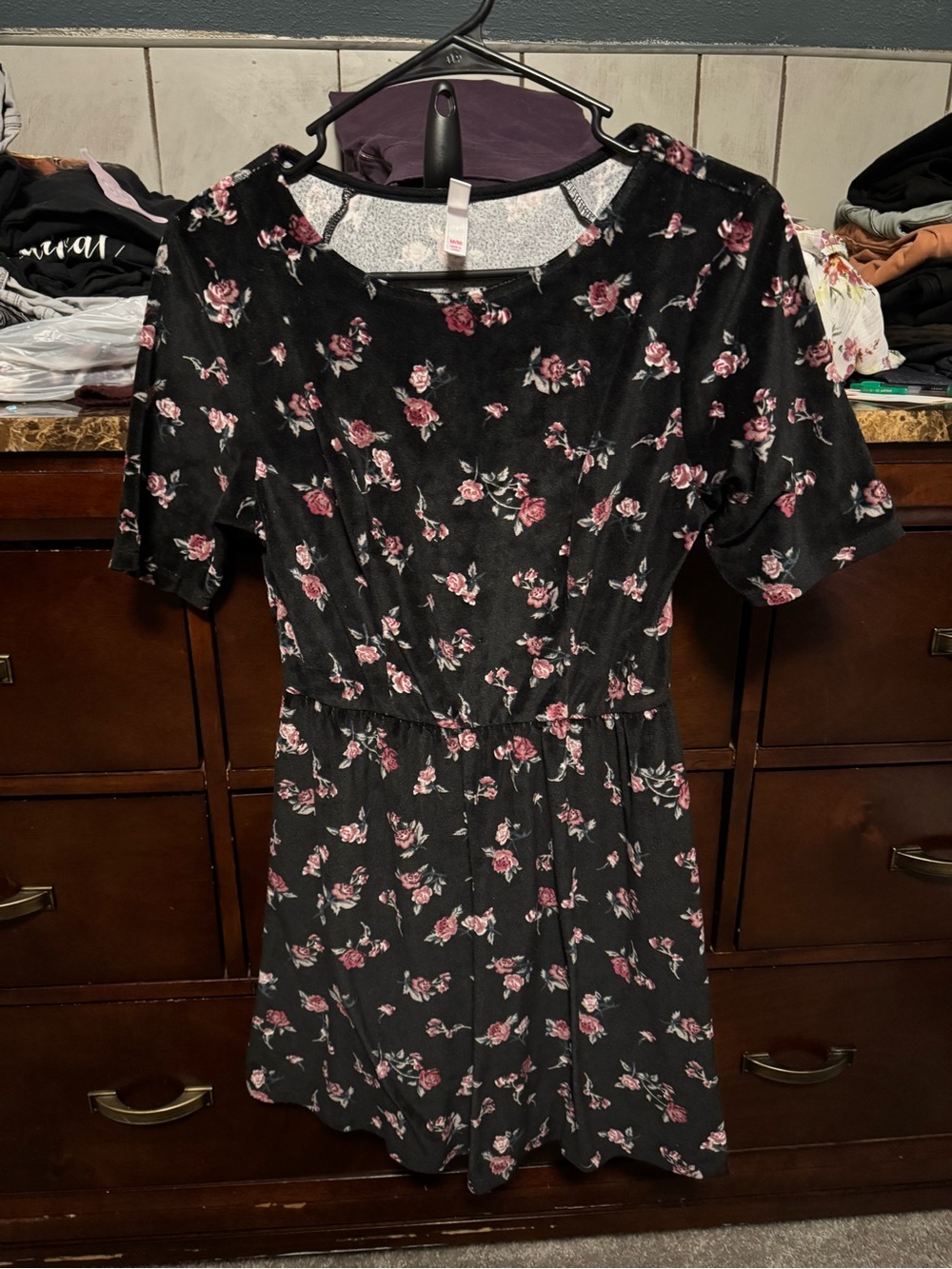Xhilaration Black Velvet Midi Dress with Pink Rose Floral Print